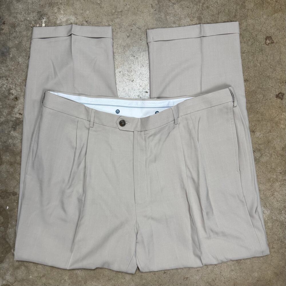 Haggar classic fit men’s dress pant size 44x32 tan, pleated front, cuffed leg. - Picture 2 of 6